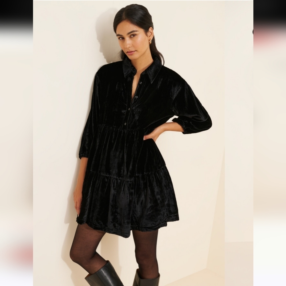 Maeve Bettina Tiered Velvet Mini Shirt Dress By Anthropologie